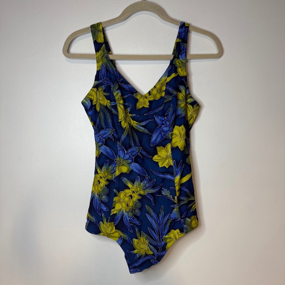 Vintage 90s Le Cove One Piece Bathing Suit Swimsuit Blue Yellow Floral Print